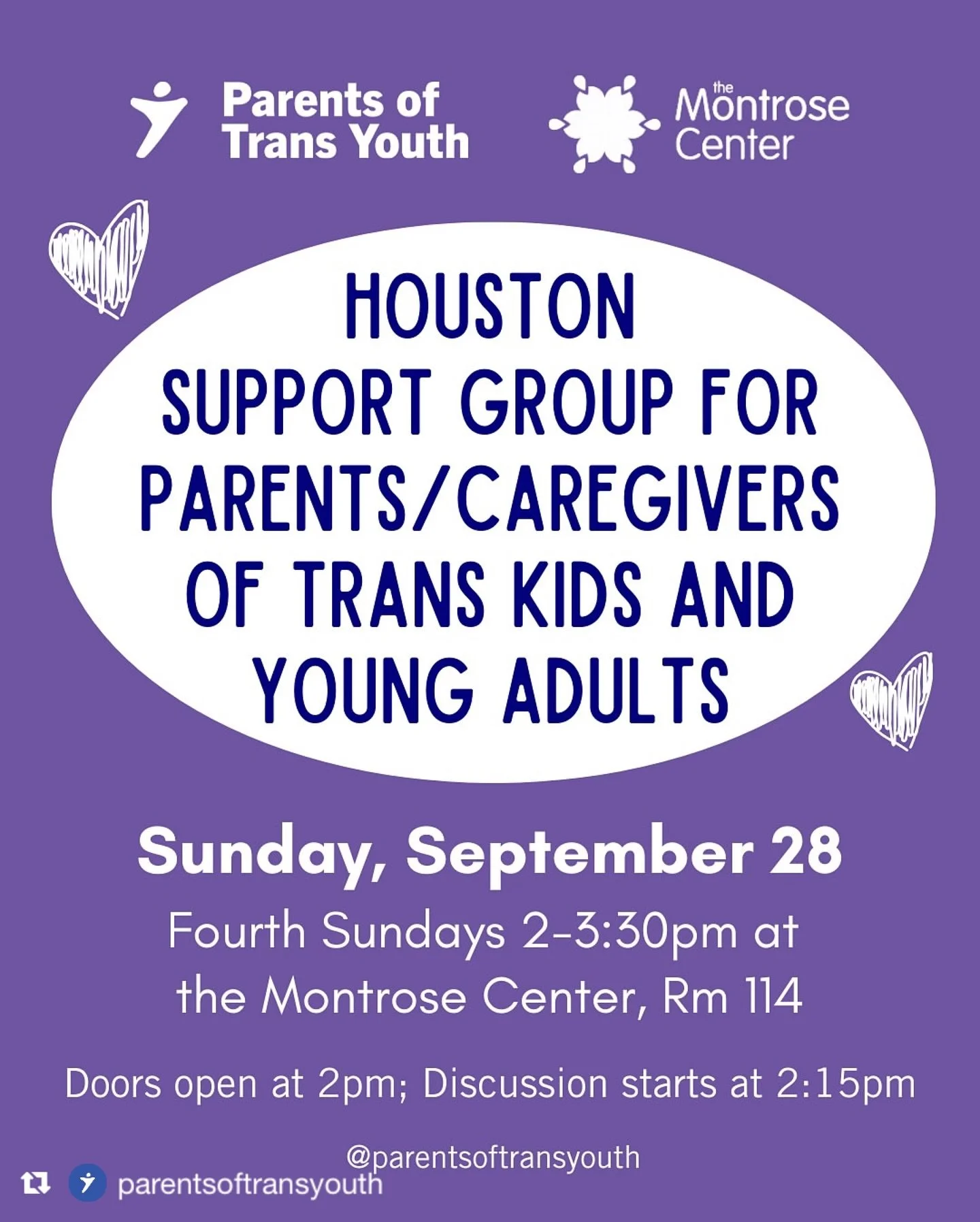 Repost from @parentsoftransyouth
&bull;
This month&rsquo;s Houston parent support meeting is on September 28! 

AND it&rsquo;s sponsored by Synchronicity Counseling❤️(@riotstanley)

Parents of Trans Youth partners with the @montrosecenter in Houston 