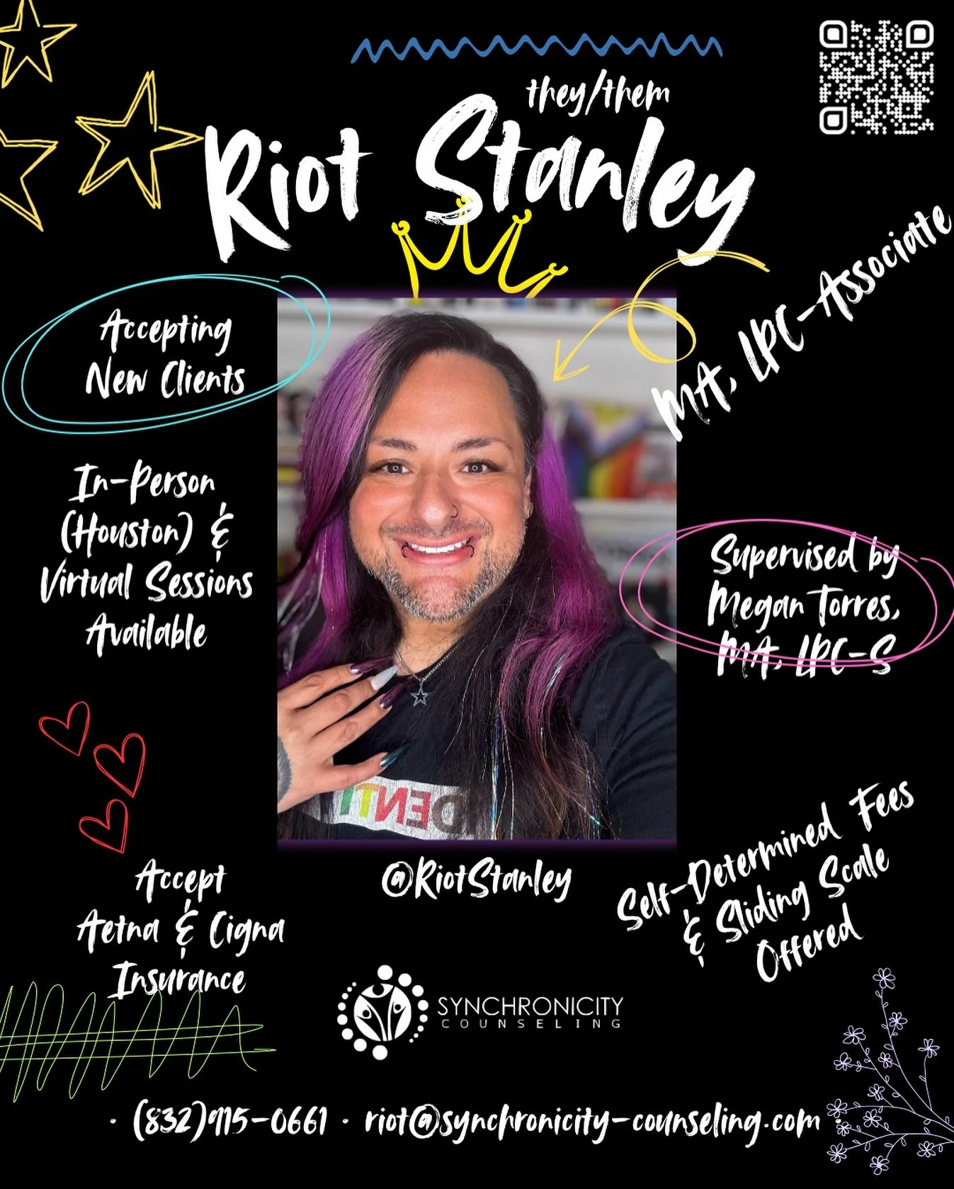 Hello! My name is Riot and I am accepting new clients!

To learn more or to schedule a session, please contact me! 📞✨

📱 (832) 915-0661
📧 riot@synchronicity-counseling.com
🔗 synchronicity-counseling.com (link in bio)

#MentalHealthMatters #LGBTQJ