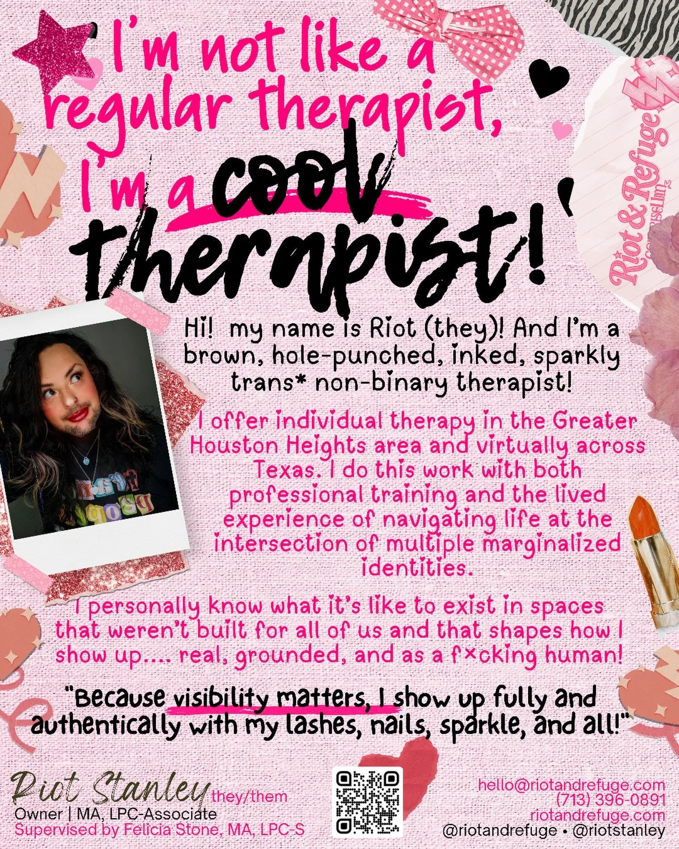 &ldquo;I&rsquo;m not like a regular therapist... I&rsquo;m a cool therapist. I&rsquo;m cunty!&rdquo;

Being cunty means we say FCK U to negative self-talk, we don&rsquo;t set unrealistic expectations, we stop people-pleasing, and we turn our head to 