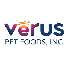 Verus Pet Foods, Inc. logo with stylized text and a small paw print above the letter 'v'