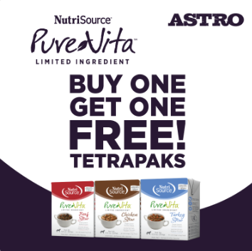 Advertisement for NutriSource PureVita TetraPak pet food with a buy one get one free promotion