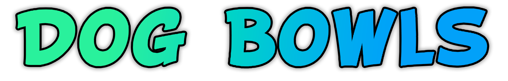 Text reading 'DOG BOWLS' in colorful, bold, playful font on a black background.