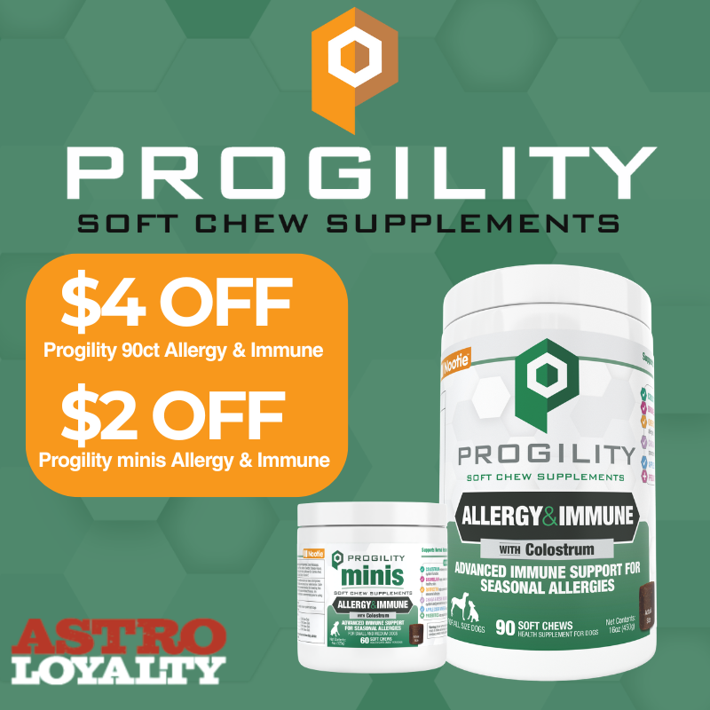 Promotion for Proglity soft chew allergy and immune supplements, with discounts of $4 off on Proglity 90ct and $2 off on Proglity minis, featuring two supplement containers and an Astro Loyalty logo on a hexagonal patterned background.