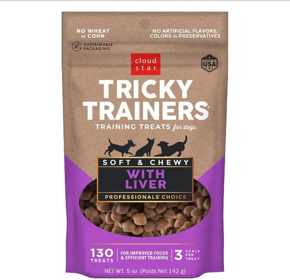 Brown and purple bag of Cloud Star Tricky Trainers dog training treats with liver flavor, 5 oz weight, 130 treats, no wheat or artificial flavors, colorful and professional packaging.