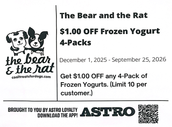 Advertisement offering $1.00 discount on frozen yogurt 4-packs at the Bear and the Rat, from December 1, 2025, to September 25, 2026, with store logo, cartoon dog and cat, and a QR code.