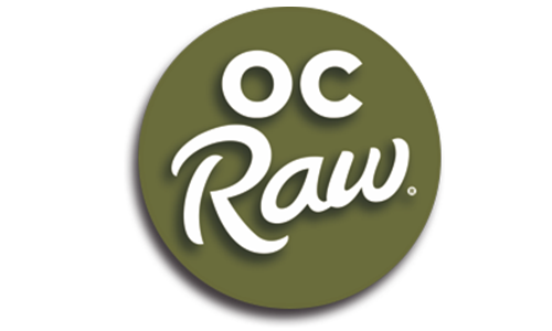 The OC Raw logo on a green circular background with white text.