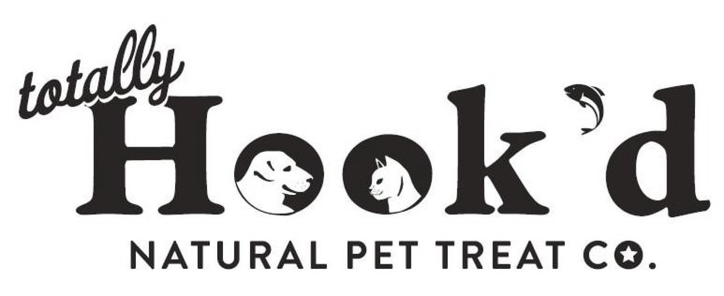 Logo for Totally Hound Natural Pet Treat Co., featuring the words "totally Hound" with playful dog and cat illustrations inside the letters, and a star in a circle at the end.