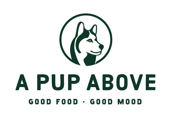 Logo with a husky dog's face inside a circle, and text that reads 'A PUP ABOVE' with the slogan 'Good food. Good mood.'