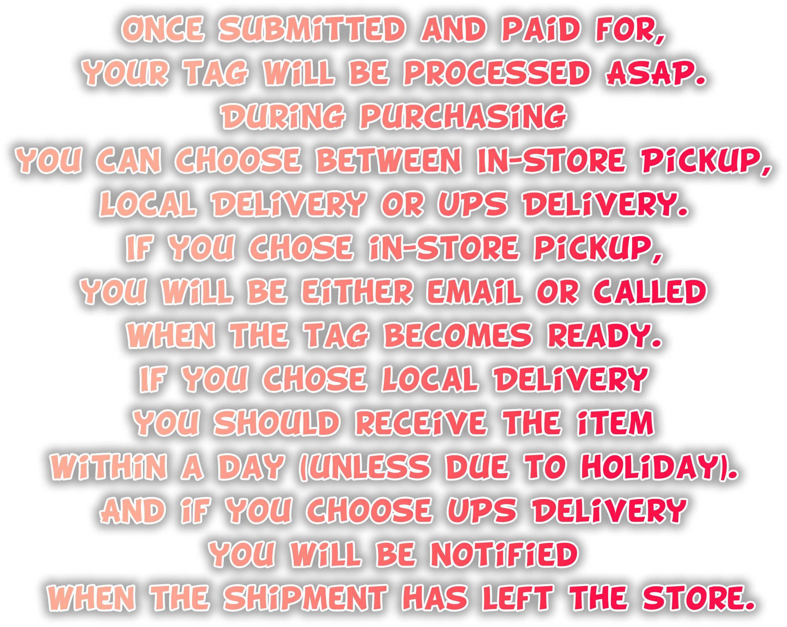 Instructions for processing a shopping tag, including options for in-store pickup, local delivery, or UPS delivery, with details on email or phone notification and delivery timeframes.