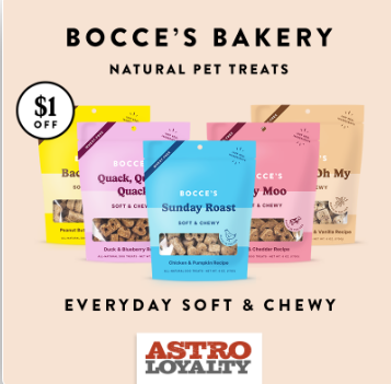 Display of Bocce's Bakery natural pet treats in colorful packaging, with a focus on the 'Sunday Roast' flavor in the center, on a light background with text indicating the treats are soft and chewy.