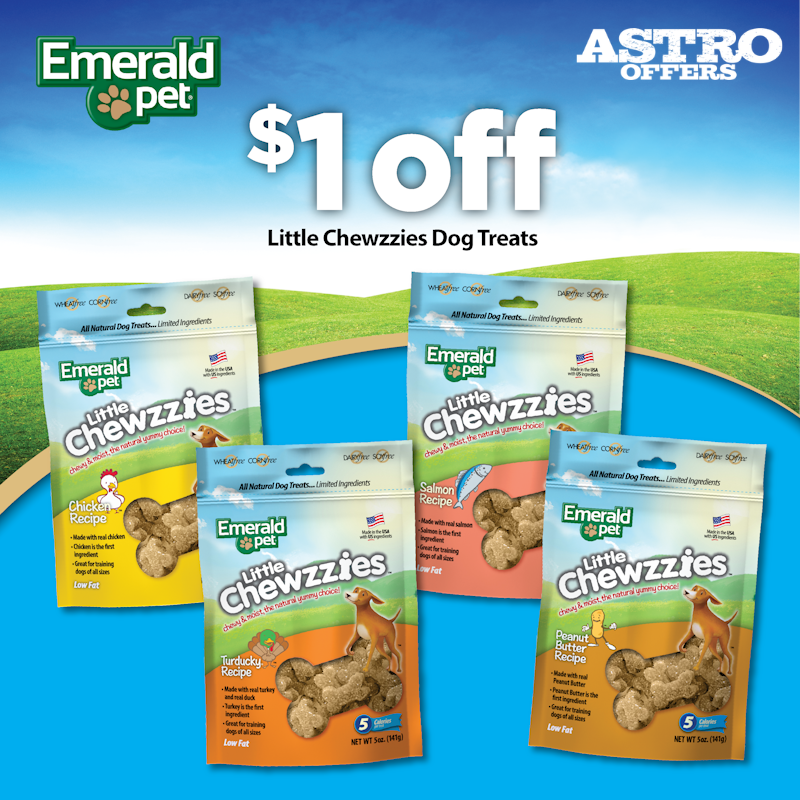 Promotional display for Emerald Pet Little Chewzzies dog treats featuring four different flavors: Chicken Recipe, Turducky Recipe, Salmon Recipe, and Peanut Butter Recipe, with a $1 off discount and a blue sky background.