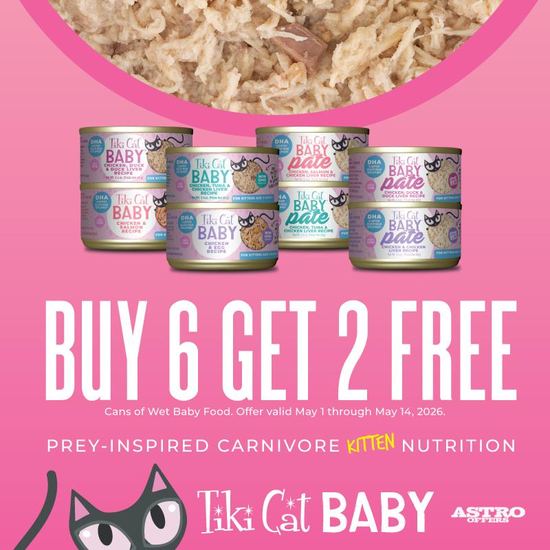 Six cans of Wet Baby Food featuring various flavors from the Tik Cat Baby brand, with a pink background and a bowl of shredded meat at the top.