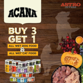 Advertisement for Acana pet food with a buy 3 get 1 free offer, featuring cans of wet dog food and wet cat food, a dog silhouette, grapes, a halved papaya, and a bowl of cubed meat on a wooden background.