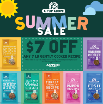 Promotional summer sale advertisement featuring colorful text and images of pet food and recipes, with a bold green banner offering $7 off any ZLZ gently cooked recipe.