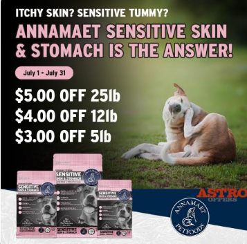 Advertisement for Annamaet Sensitive Skin & Stomach dog food featuring a relaxed dog lying on grass, with product images and discount offers, promoting health for sensitive skin and tummies.