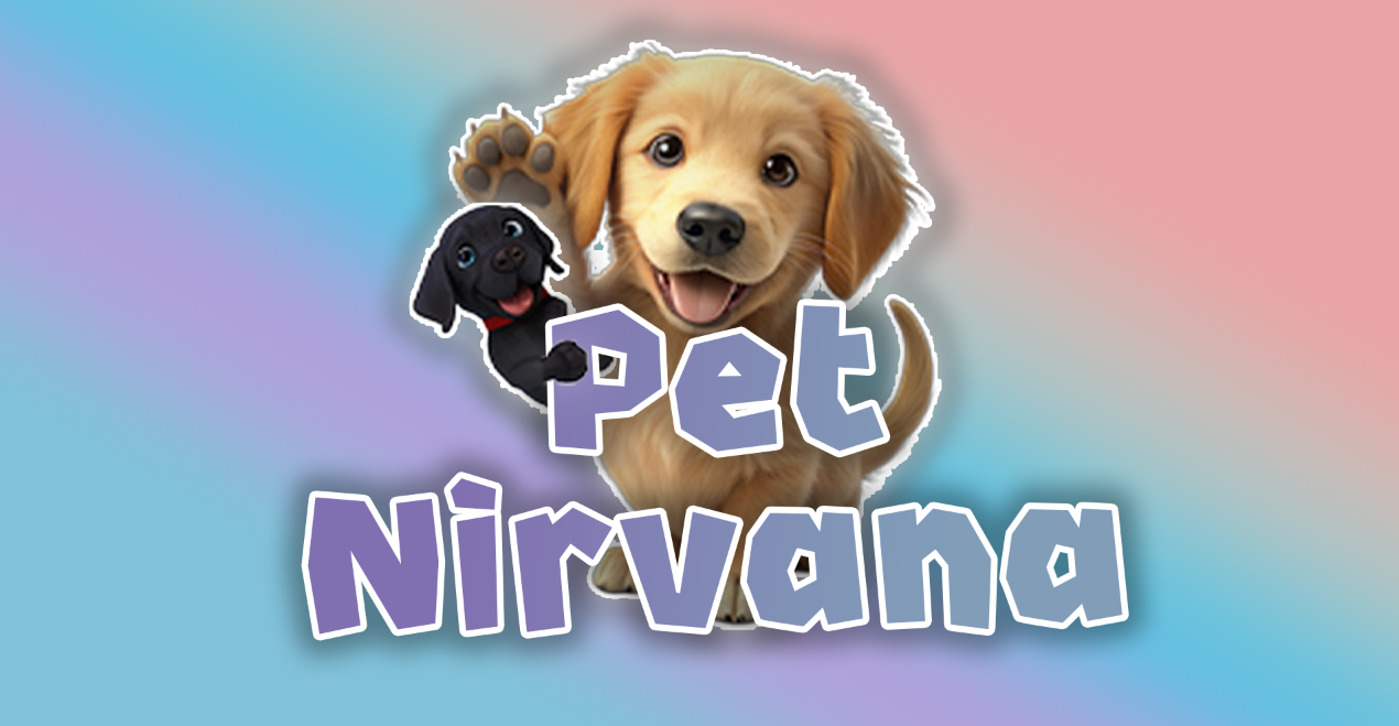Colorful graphic with a puppy and a cartoon dog, with the text "Pet Nirvana" in playful lettering.