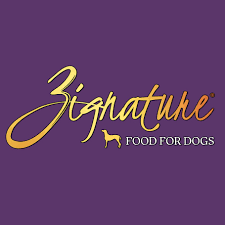 Logo for Signature Food for Dogs with purple background, gold and white text, and a small dog silhouette.