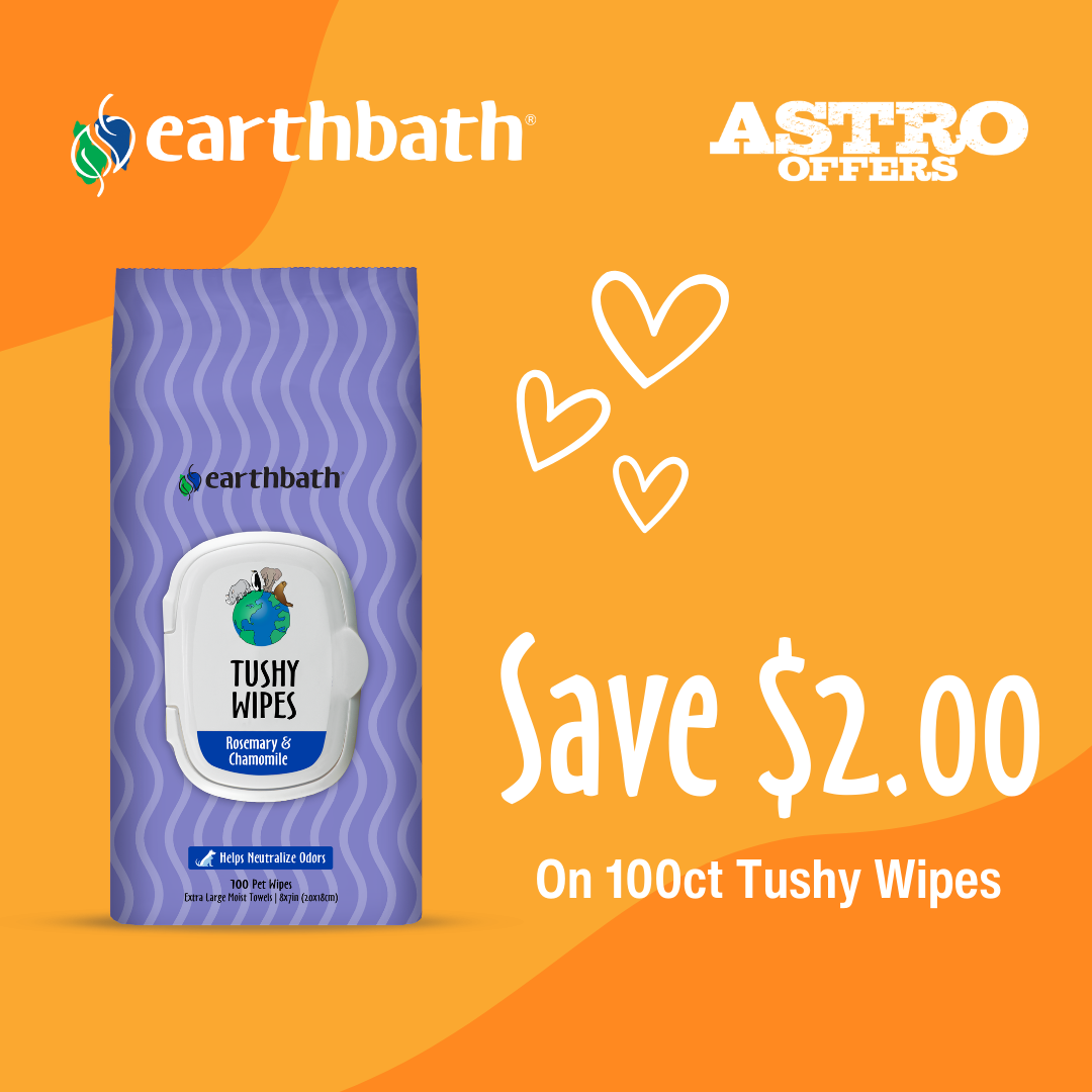 Advertisement for Earthbath Tushy Wipes with a blue package of wipes and a white lid, featuring a globe and animals, on an orange background with white handwritten text saying 'Save $2.00 on 100ct Tushy Wipes' and hearts, promoting a discount offer.