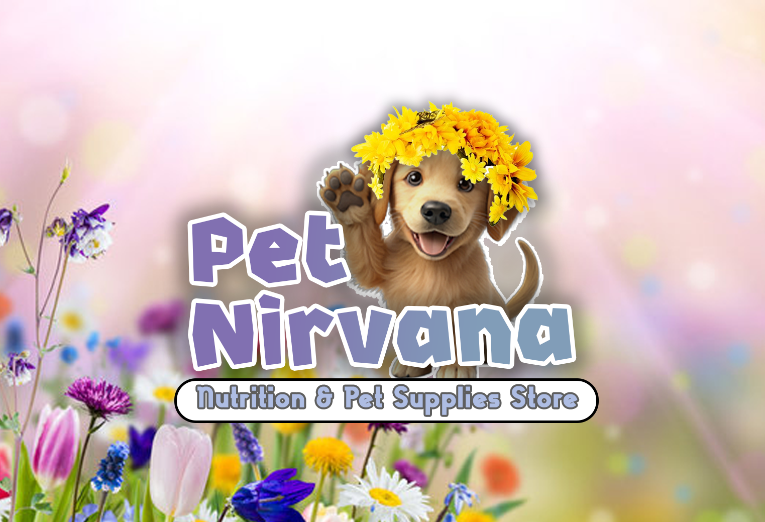 Logo for Pet Nirvana, a nutrition and pet supplies store, featuring a puppy with a flower crown and a blurred colorful floral background.