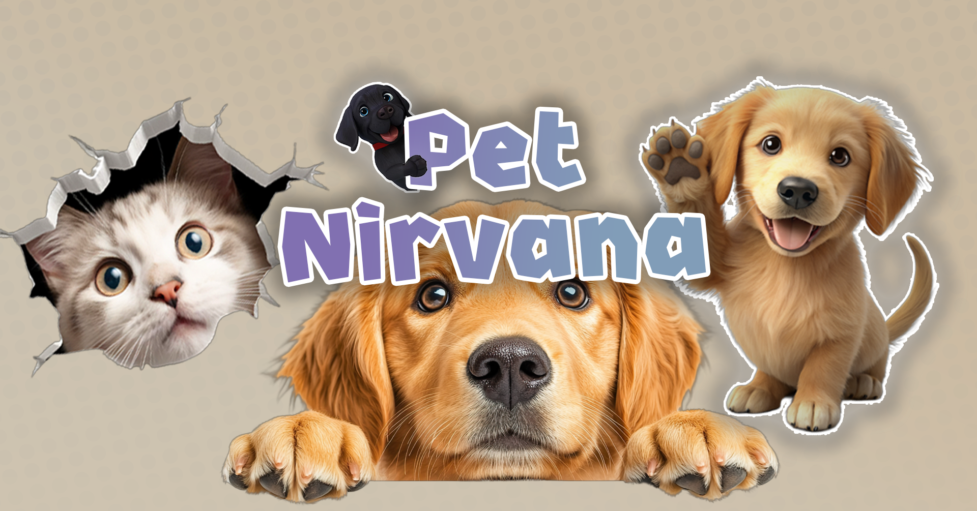The image features a playful design with a kitten peeking through a torn paper attack, a smiling black puppy, and a cute golden retriever puppy. The text 'Pet Nirvana' is prominently displayed, with the puppy and kitten surrounding the words.