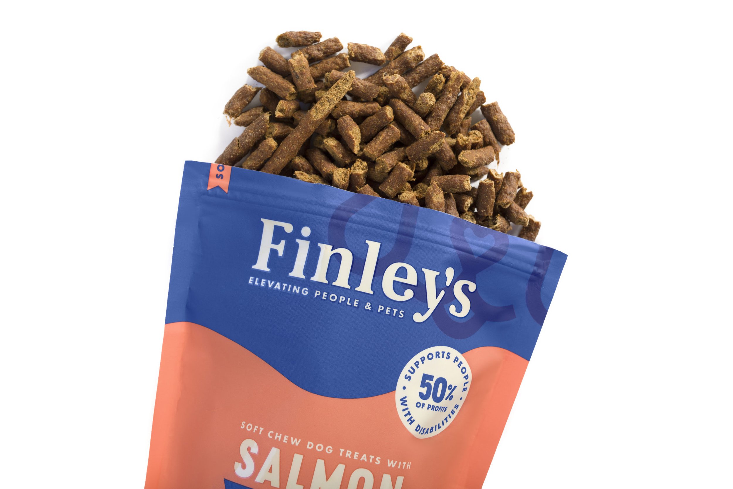 A bag of Finley's salmon-flavored soft chew dog treats with some treats spilling out of the top.