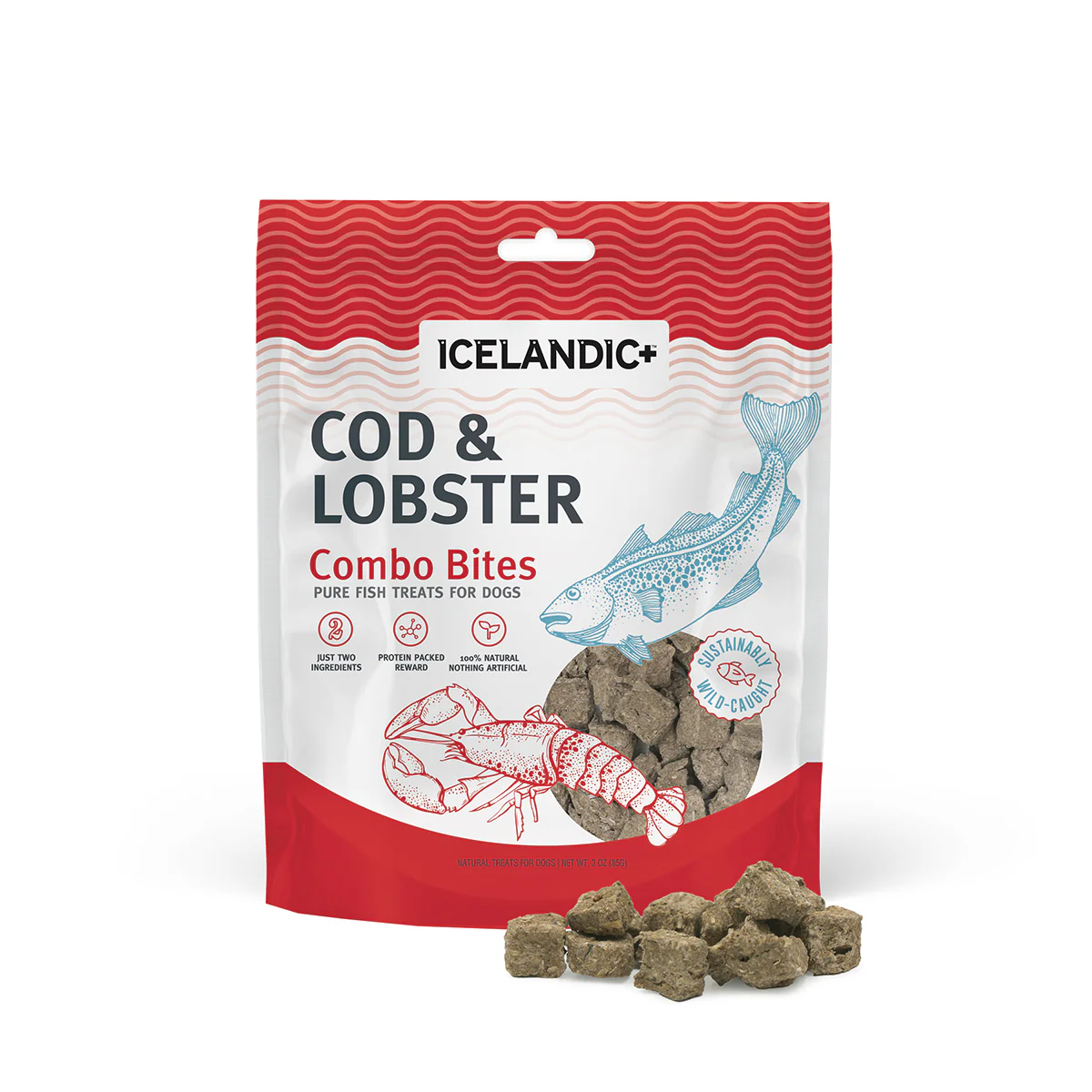 A bag of Icelandic+ Cod & Lobster combo bites dog treats with a red and white design, illustrations of fish and lobster, and some treats spilled in front.