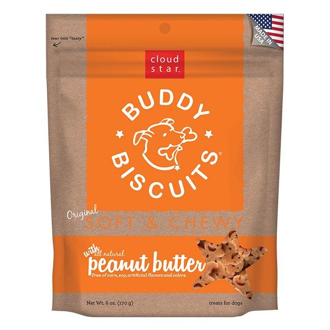 Bag of Buddy Biscuits Peanut Butter dog treats with a smiling dog logo, labeled as soft and chewy, made in the USA, containing natural peanut butter, 6 ounces.