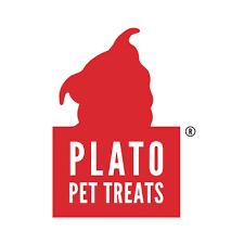 Plato Pet Treats logo featuring a red silhouette of a dog with the brand name beneath.