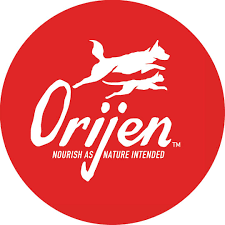 Red circle logo with a white silhouette of a dog and a person running, and the text 'Orijen' and 'Nourish as nature intended'.