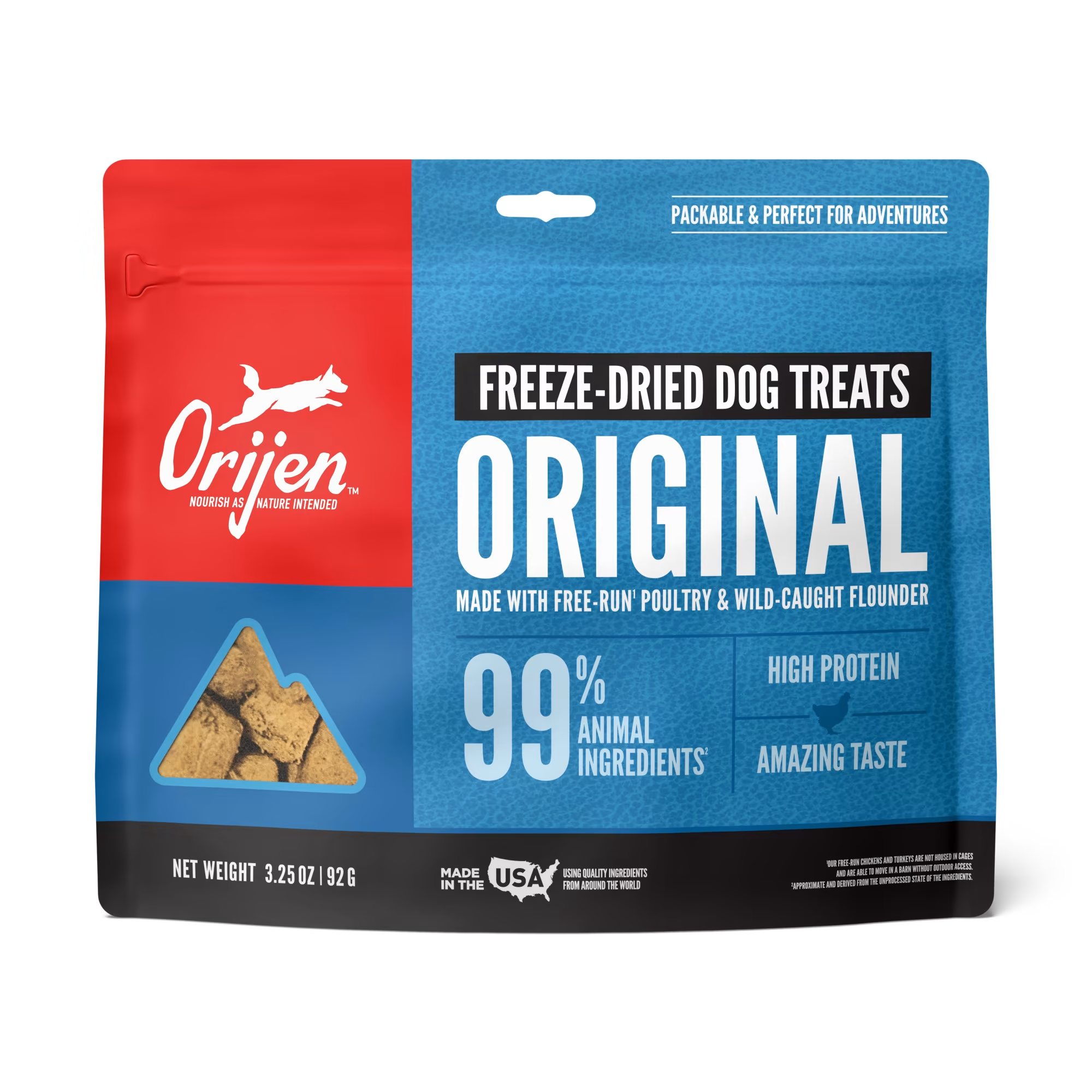 Bag of Orijen freeze-dried original dog treats with red, blue, and black packaging, featuring a silhouette of a jumping dog.