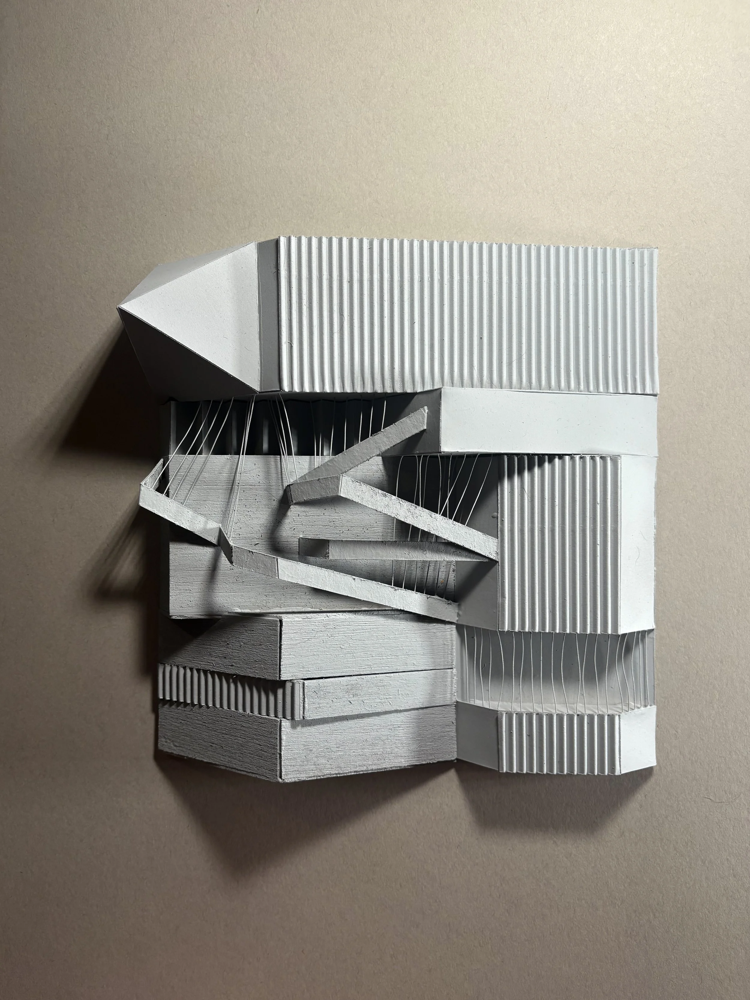 Model Interpretation of Gesture Drawing 2 - Painted Cardboard, Paper, Balsa Wood, & Thread, 9x9