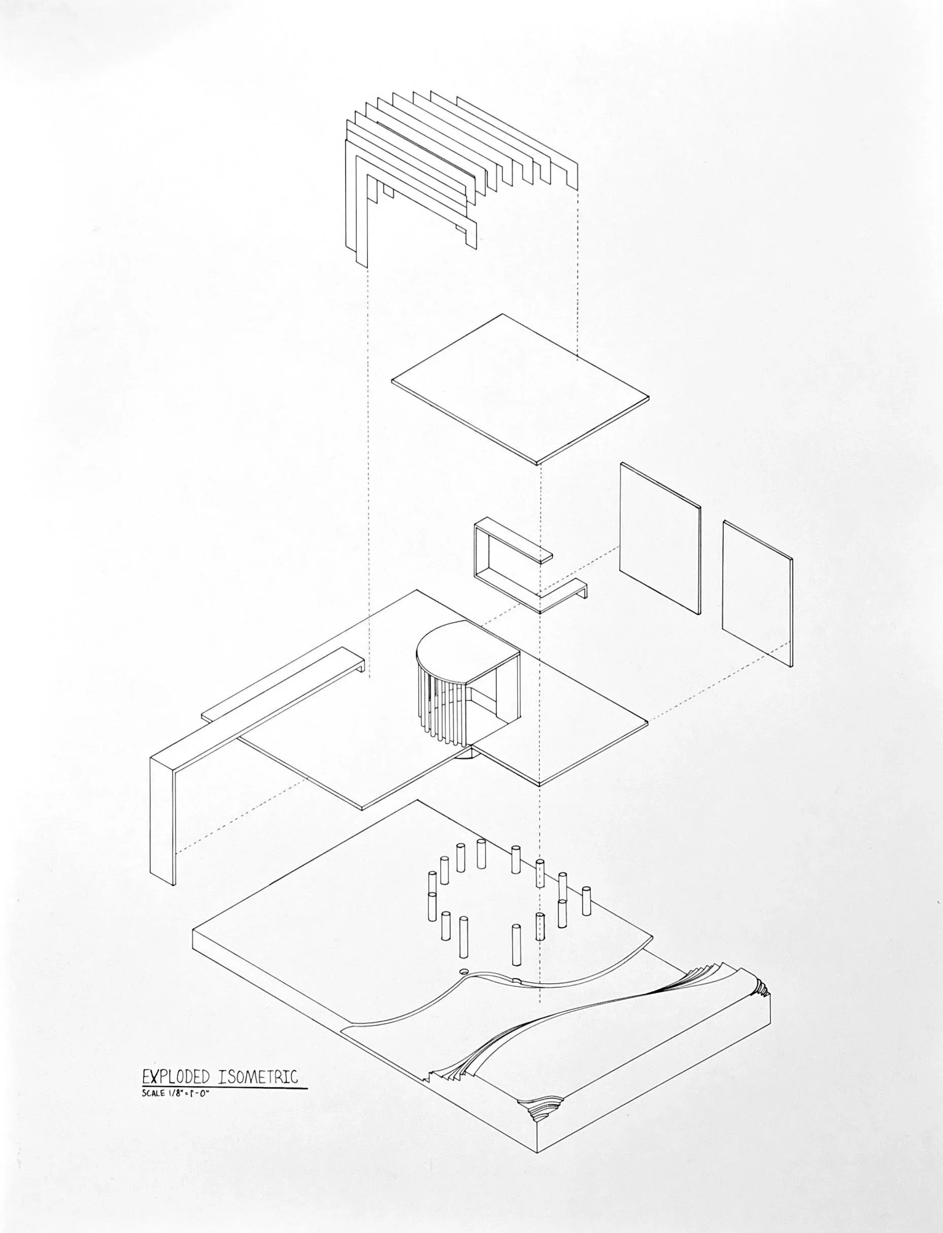 Open Air Pavillion Exploded Isometric - Ink 18x24 (scale 1/8" = 1')
