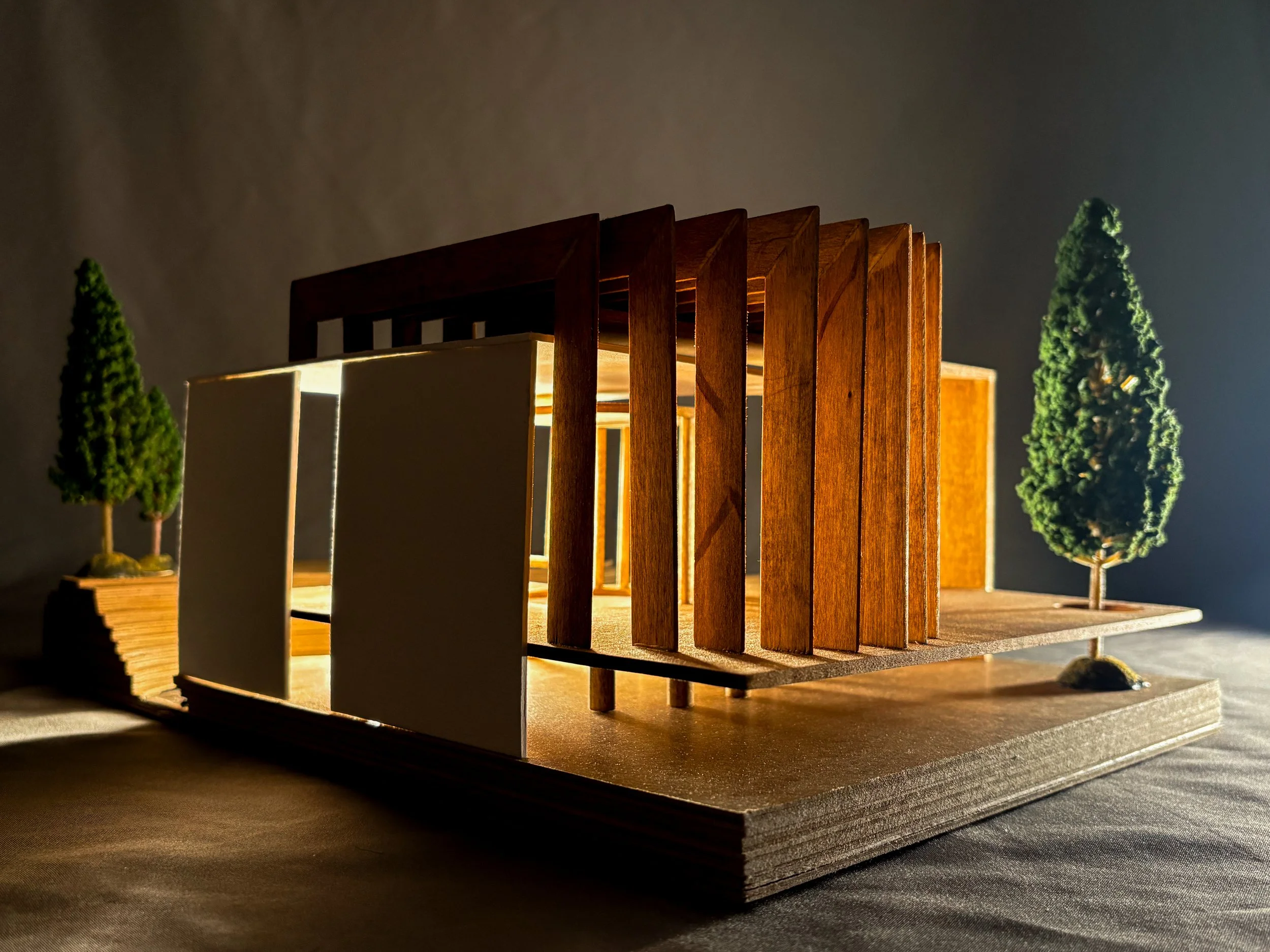 Open Air Pavillion Final Model - Basswood, Chipboard, and Resin (scale 1/4" = 1')