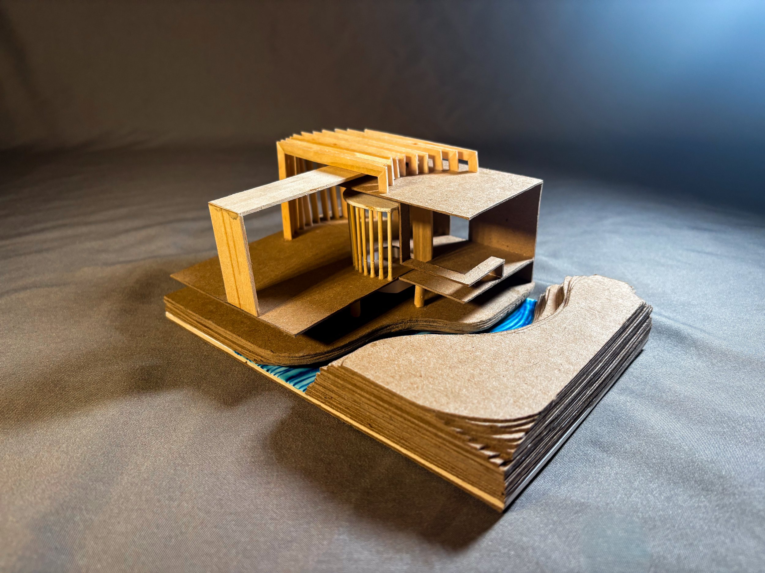 Open Air Pavillion Working Model 1 with Site- Basswood and Chipboard (scale 1/8" = 1')