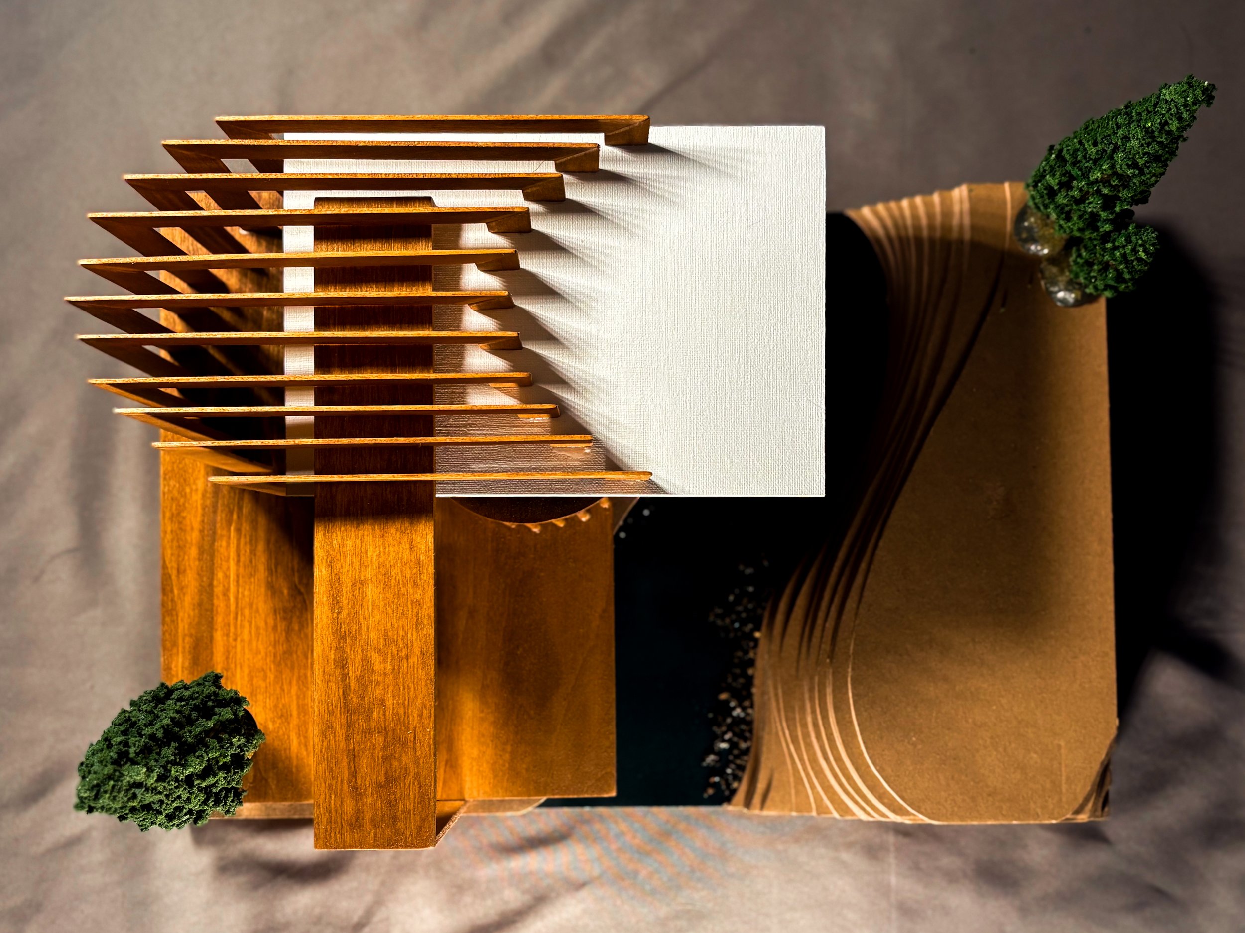 Open Air Pavillion Final Model - Basswood, Chipboard, and Resin (scale 1/4" = 1')