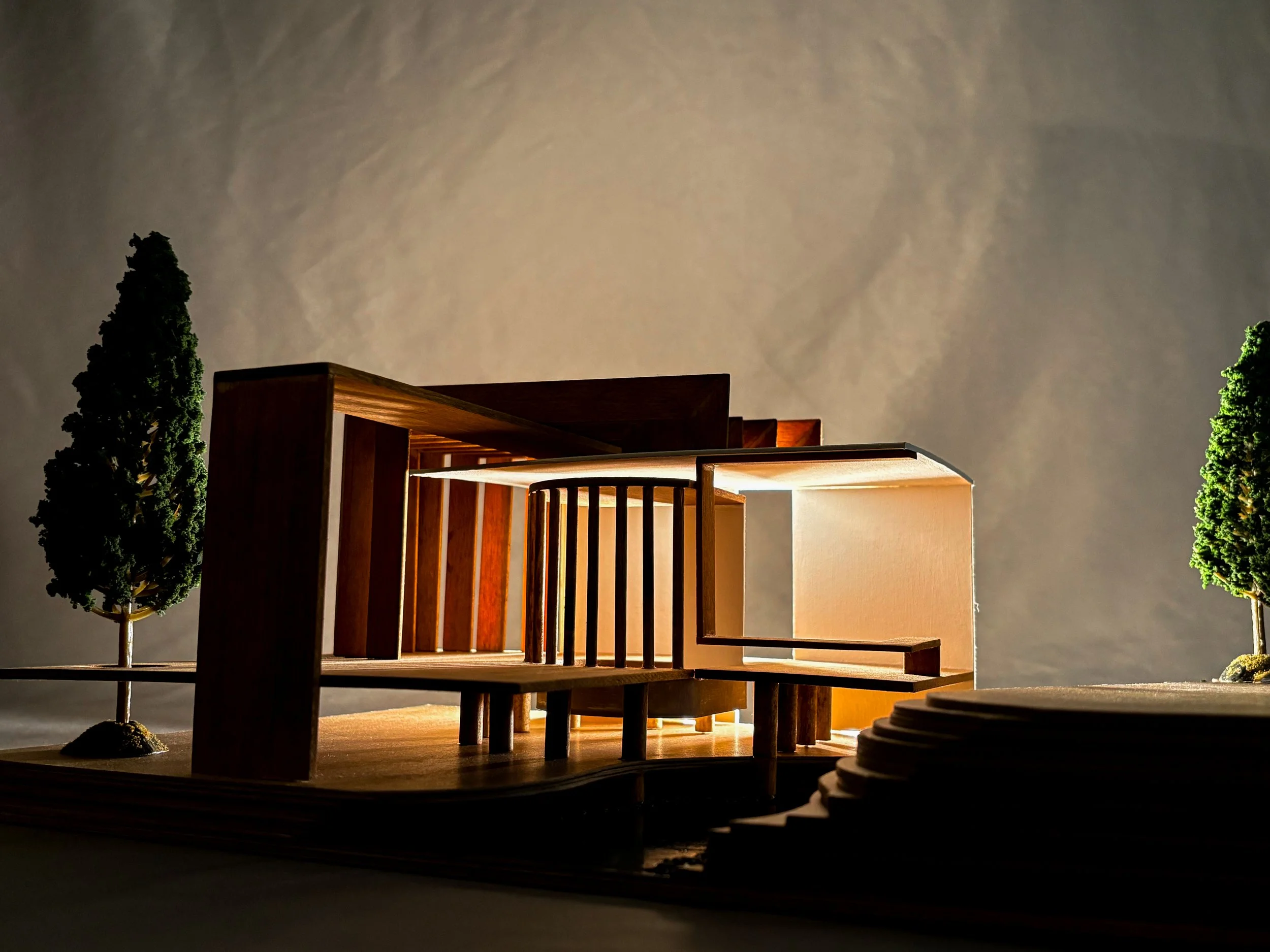 Open Air Pavillion Final Model - Basswood, Chipboard, and Resin (scale 1/4" = 1')