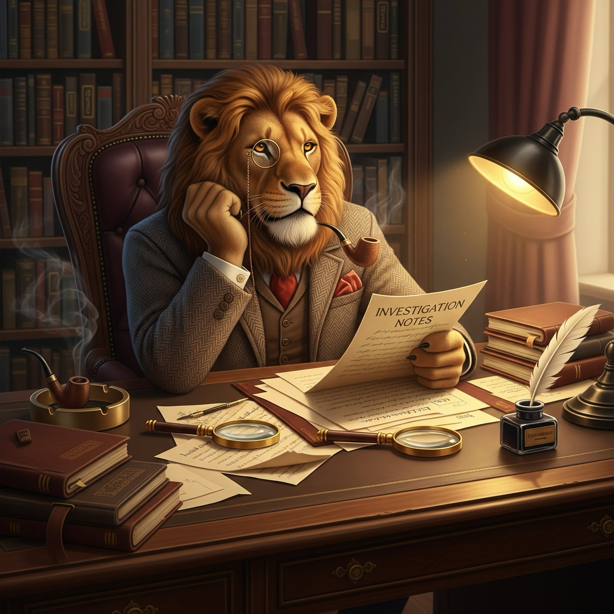 An anthropomorphic lion dressed in a suit, sitting at a large wooden desk in a study with bookshelves. The lion is holding a paper titled 'Investigation Notes' and has a monocle on one eye. The desk has stacks of books, a magnifying glass, a feather quill, a pipe smoking with smoke, and an inkwell. There is a desk lamp illuminating the scene from the right.