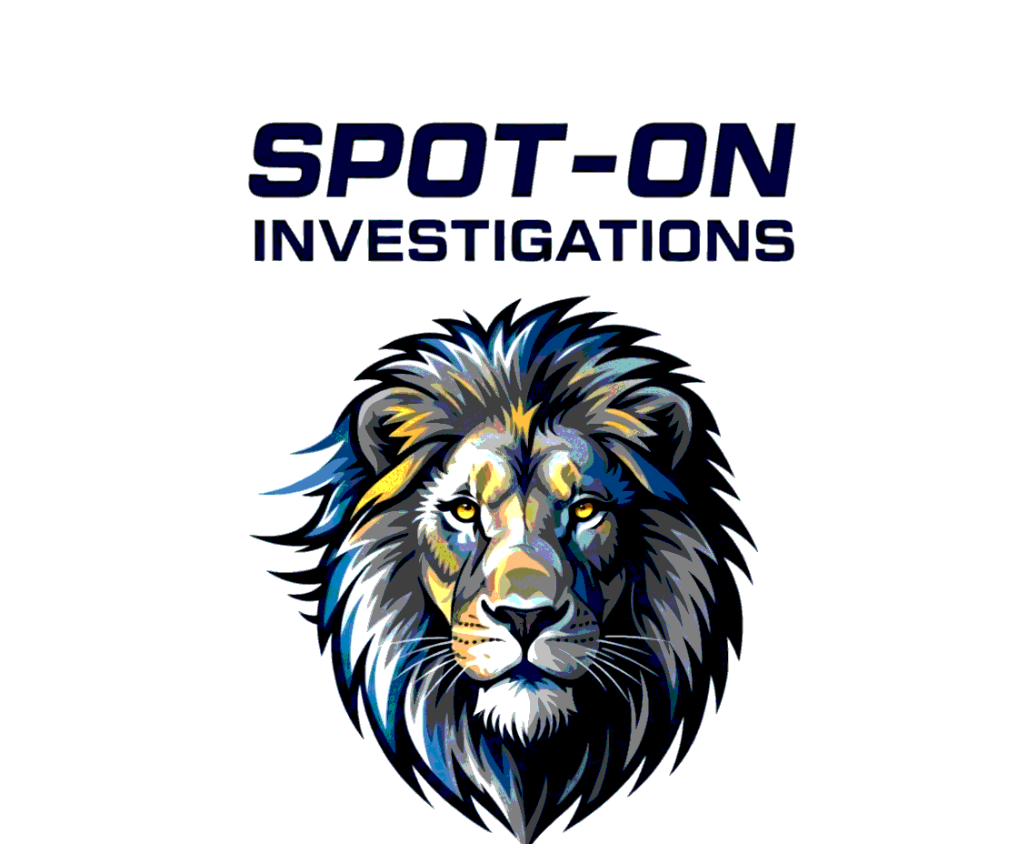 Logo for Spot-On Investigations featuring a detailed illustration of a lion's head.