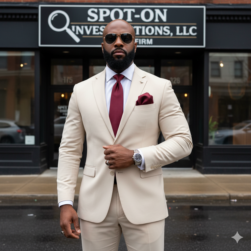 A confident man in a beige suit, white shirt, and burgundy tie with matching pocket square standing outside a business building with a sign that reads 'SPOT-ON INVESTIGATIONS, LLC.' He is wearing sunglasses and a watch, with one hand adjusting his suit.