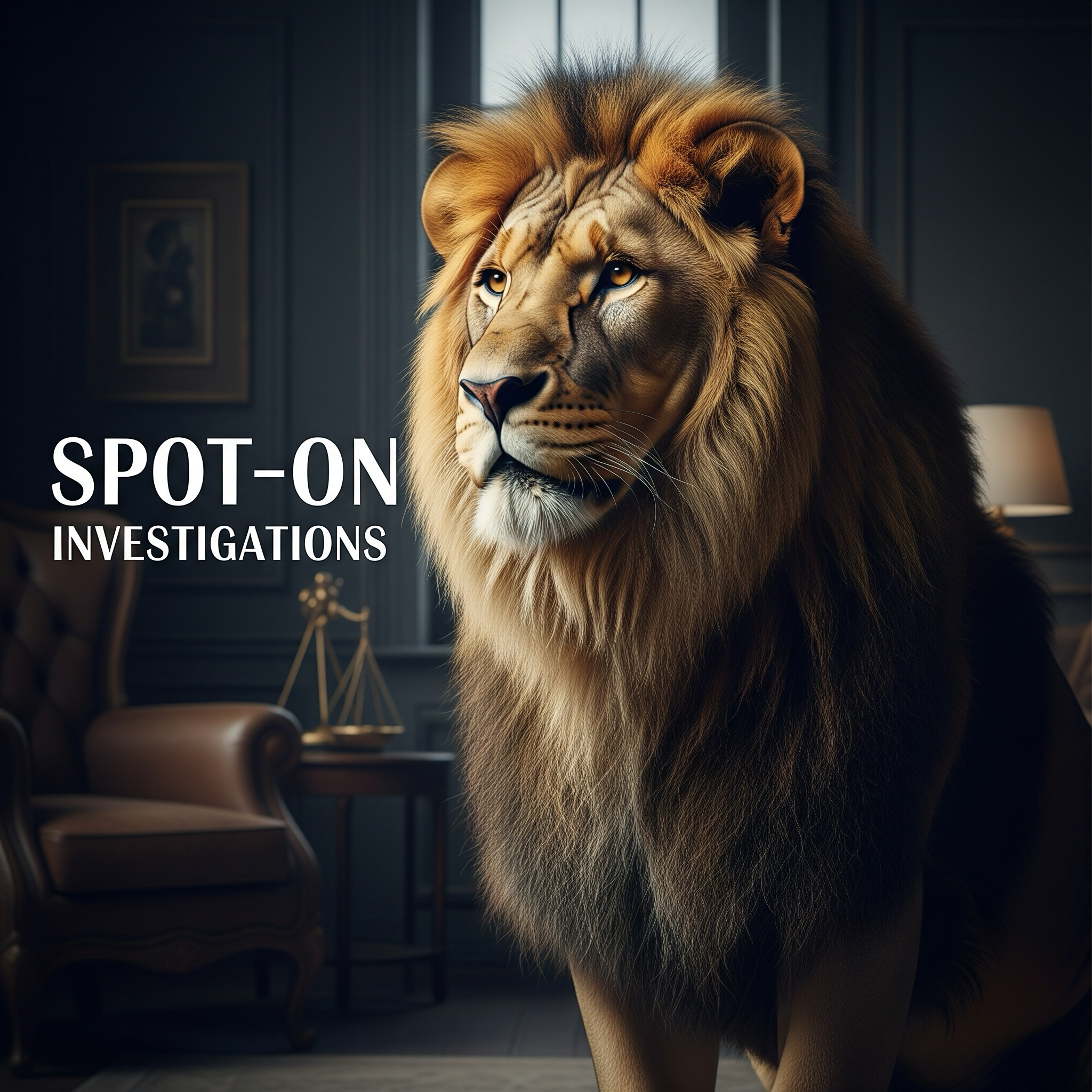 A majestic lion with a thick mane inside an elegant, dimly lit office or study. The logo text reads "SPOT-ON INVESTIGATIONS".