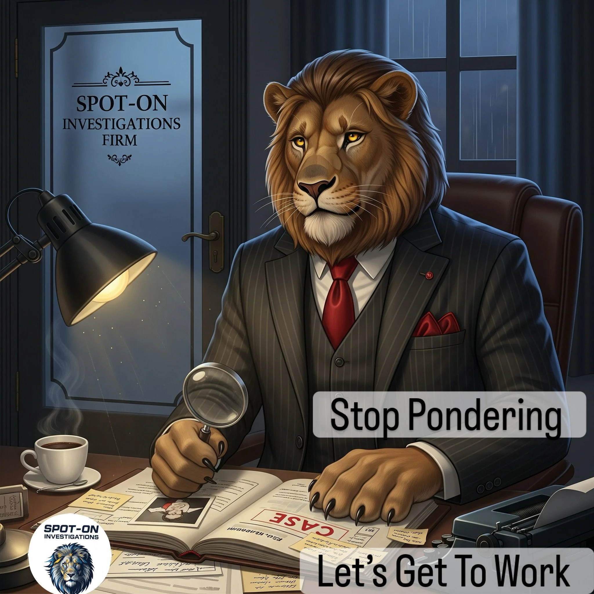 A lion-headed person in a suit sitting at an office desk with a magnifying glass, in a detective investigation setting, with a door labeled 'Spot-On Investigations Firm' and a lion logo. The desk has a coffee cup, papers, and a typewriter. The image has the phrases 'Stop Pondering' and 'Let's Get To Work'.