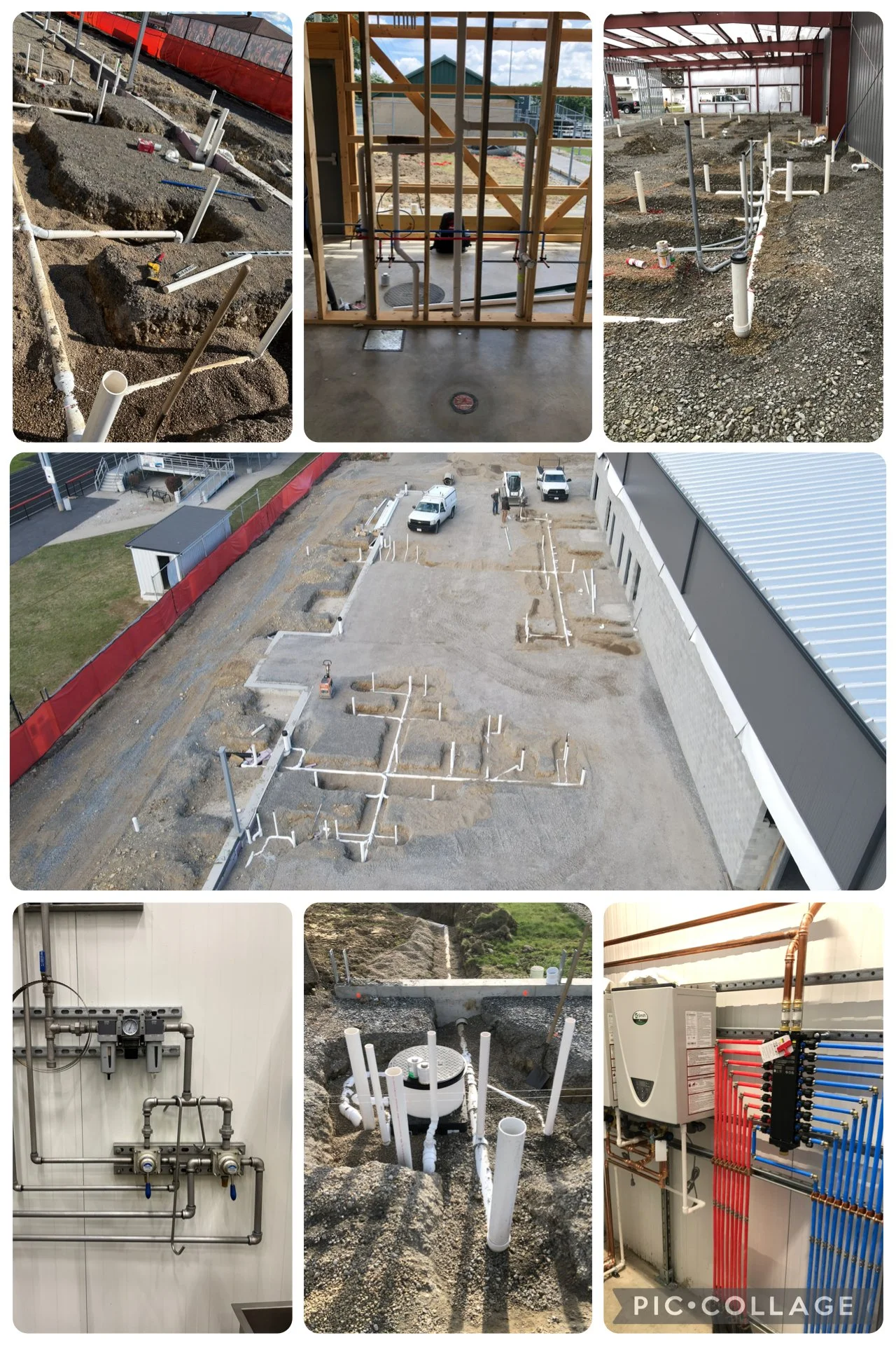 Images of plumbing and HVAC installations in various stages of construction and setup, including pipes, fittings, and heating or cooling systems.