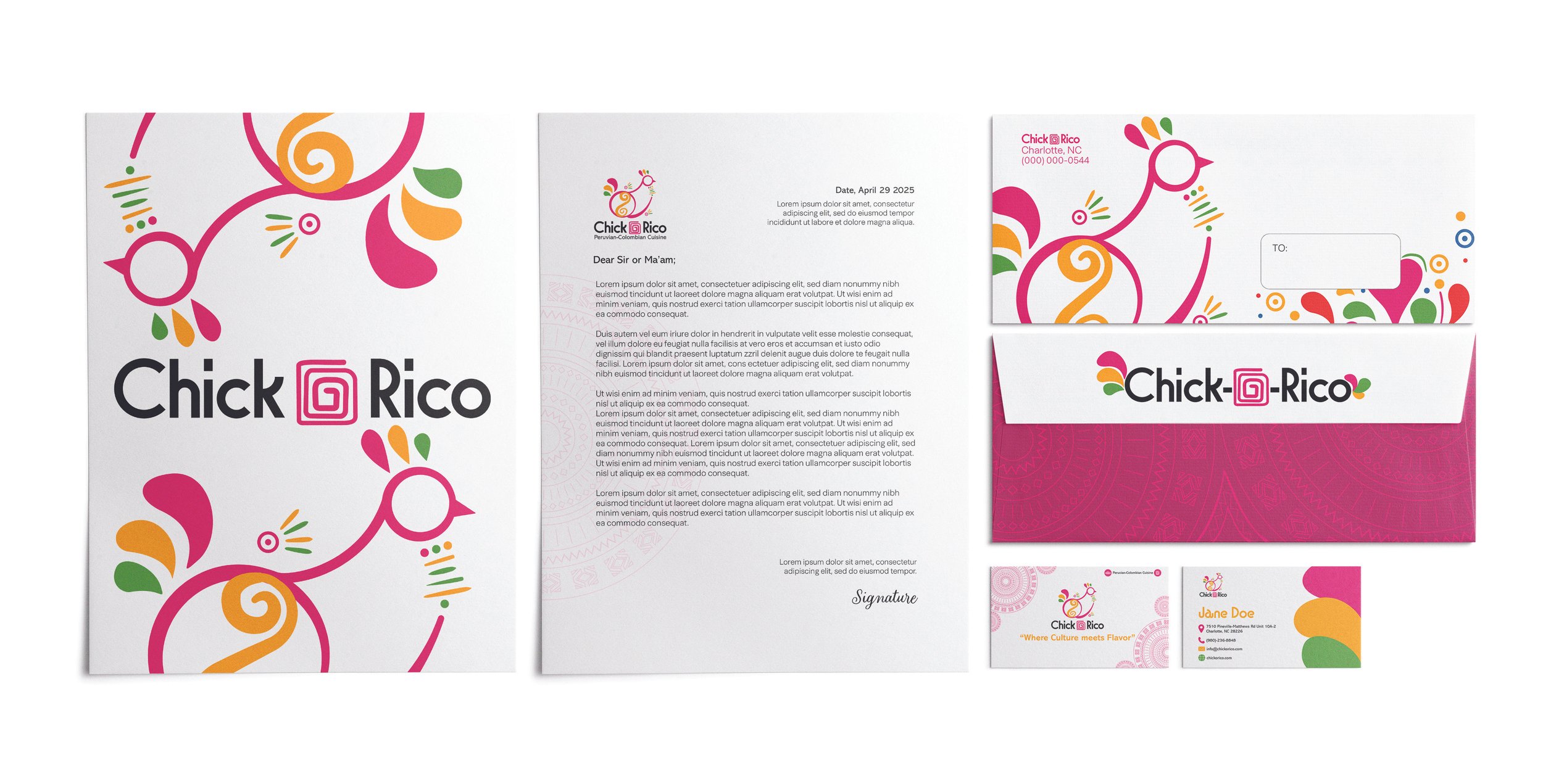 A stationery set for Chick Rico Restaurant includes a colorful logo with abstract chicken design and vibrant colors, a letter, business cards, an envelope, and a mailing label, all featuring the same playful chicken illustration and logo.