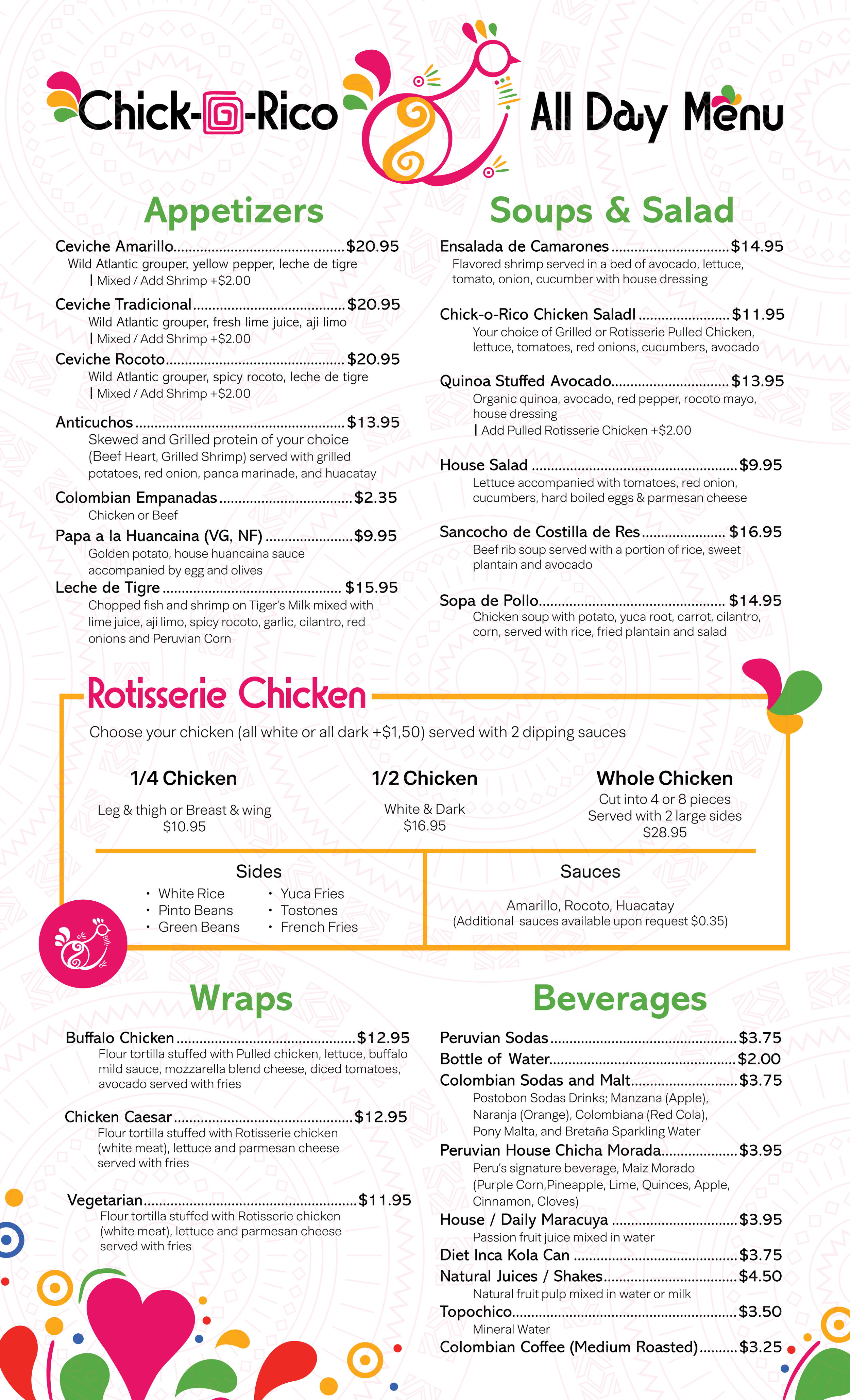 Menu from Chick Rico featuring appetizers, soups, salads, rotisserie chicken options with sides and sauces, wraps, and beverages, with colorful decorative elements.