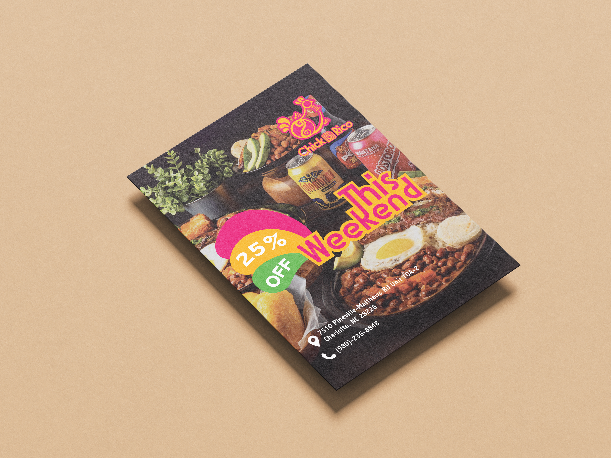 Flyer advertising 25% off this weekend at Chick Rico, featuring images of food and drinks, with the address and phone number at the bottom.