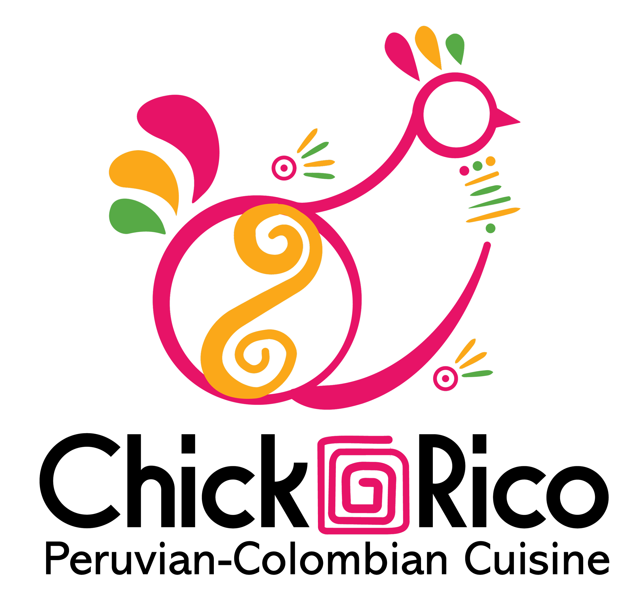 Colorful abstract design featuring swirls, spirals, and leaf shapes in pink, yellow, green, and orange on a black background.