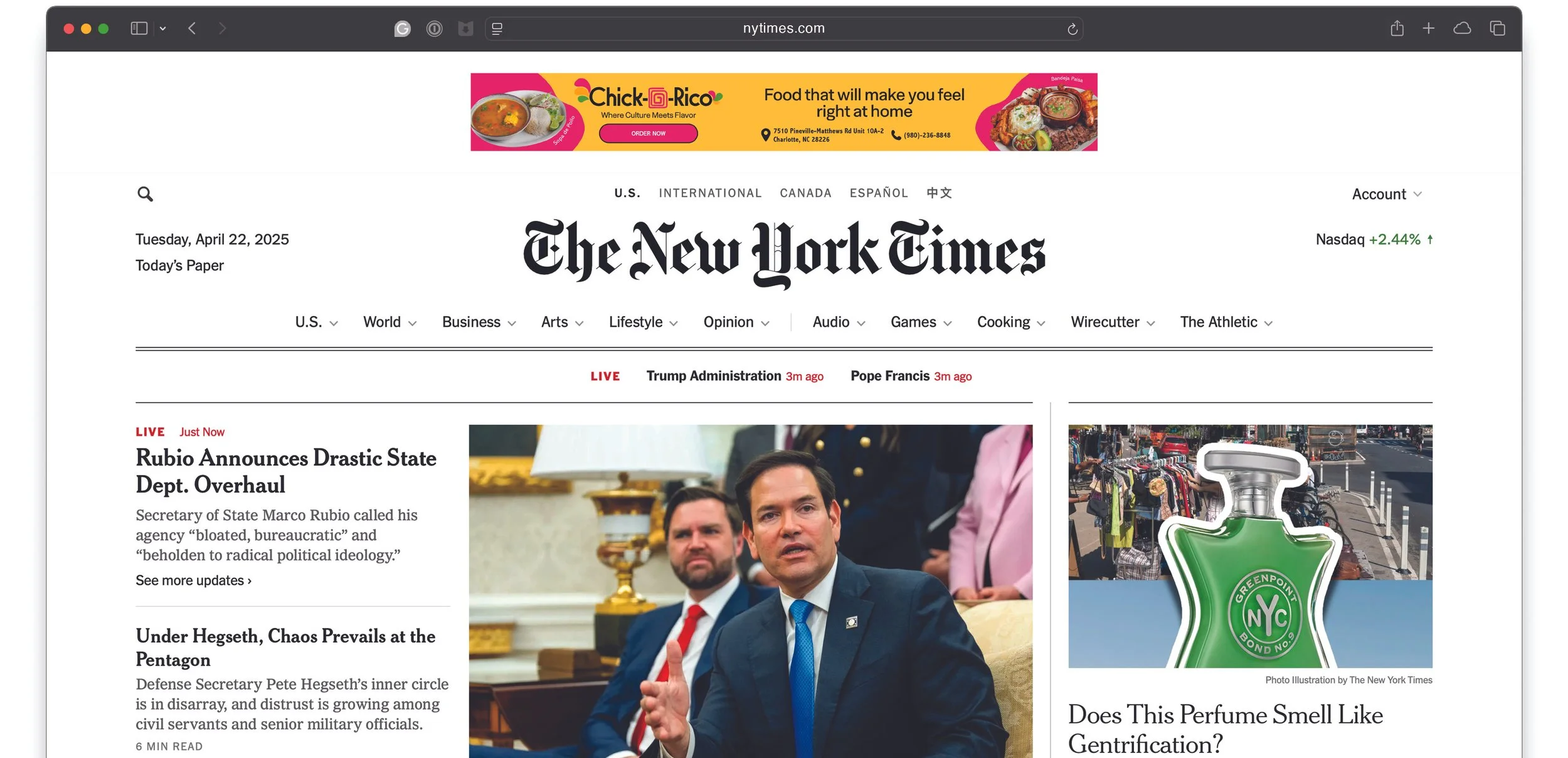 Screenshot of The New York Times homepage with news headlines and a photo of two men in a formal setting. Advertisement banner for Chick-Rico at the top.