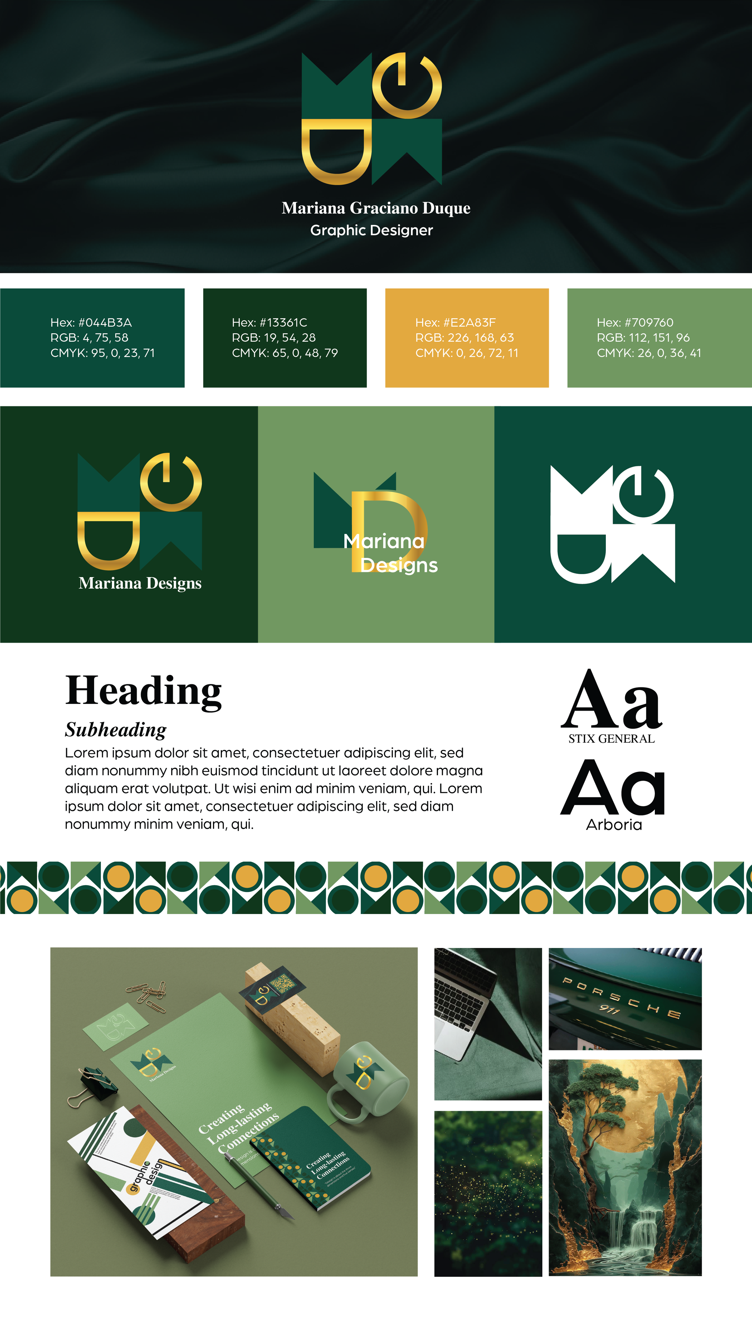 Design portfolio layout featuring Mariana Graciano Duque's branding colors and logo, logo variations, sample designs, and workspace photos including a MacBook, Porsche dashboard, and nature artwork.