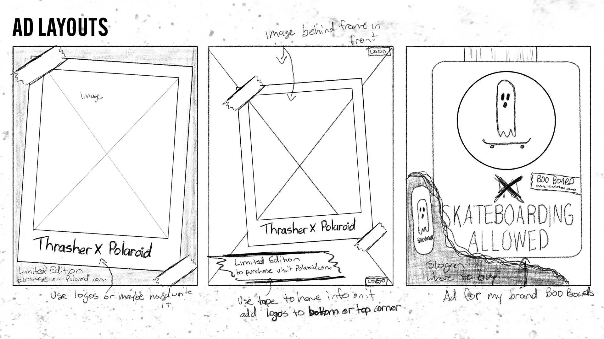 3 sketched ad layouts