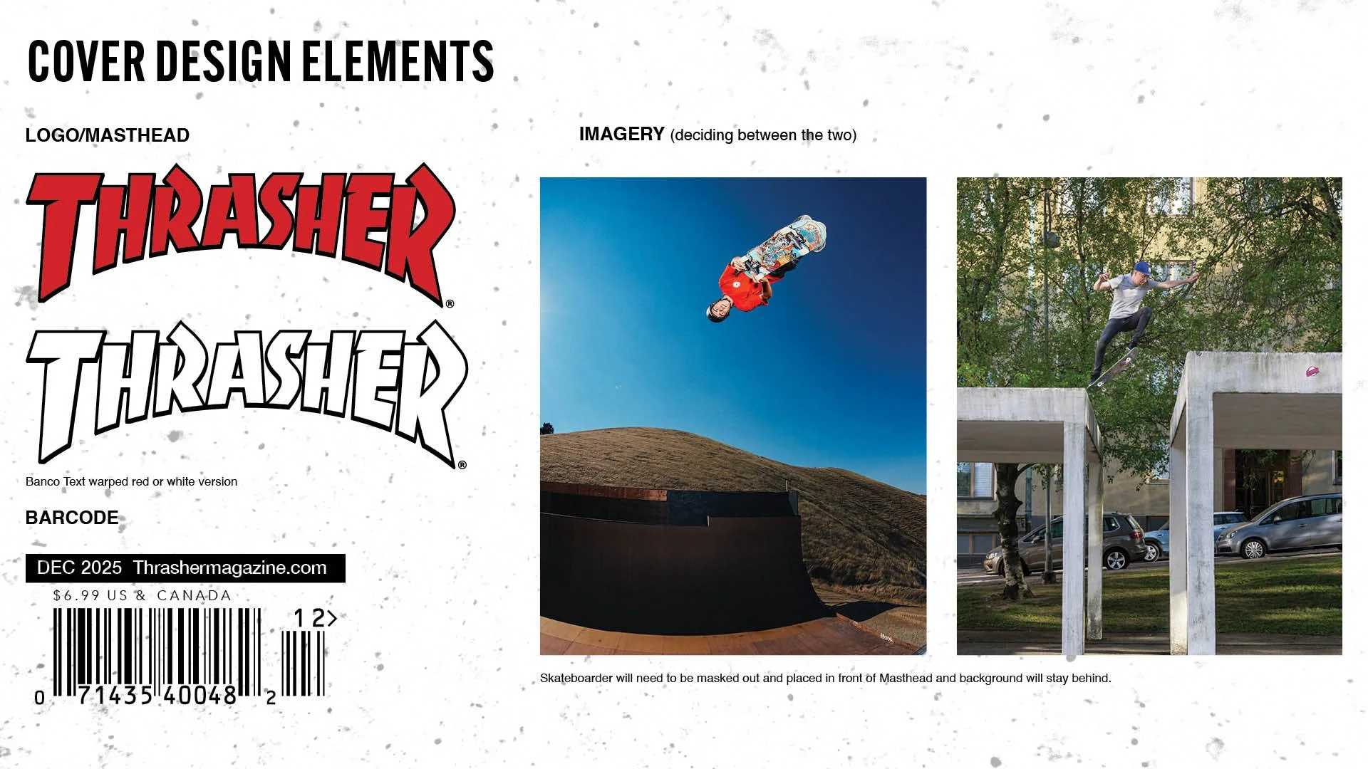 Thrasher logos in red and white, a barcode on the left. A skateboarder on a ramp and a skateboarder jumping from roofs on the right